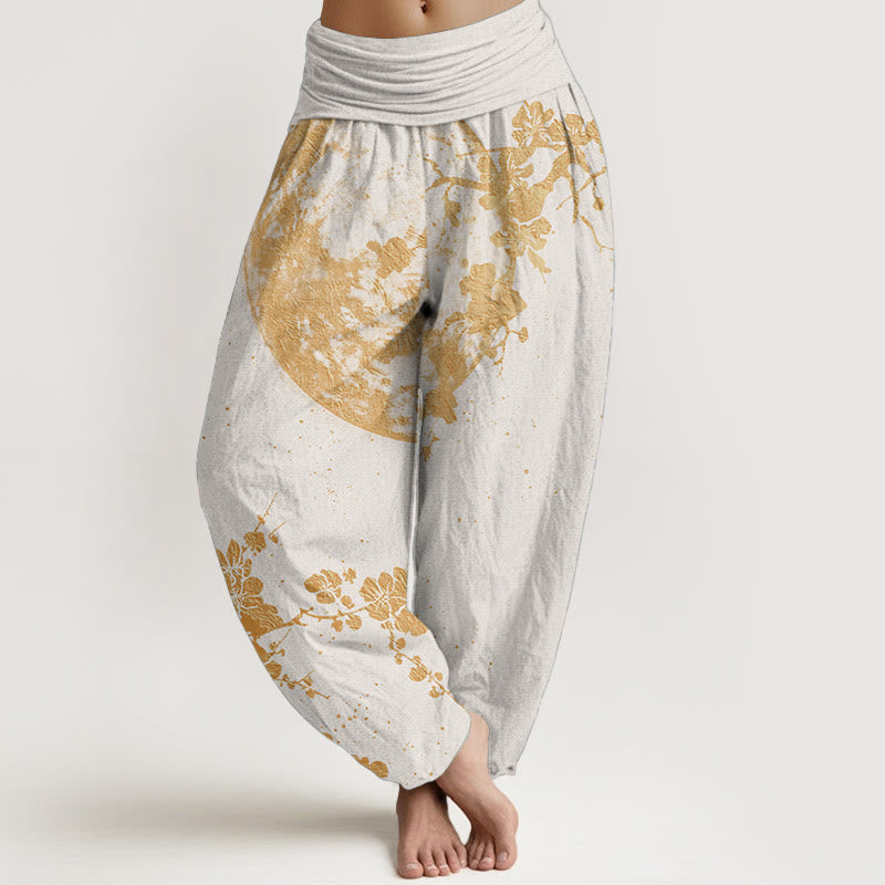 Pantalones Buddha Stones de algodón puro con estampado de flor de ciruelo dorado y luna llena para mujer, con cintura elástica