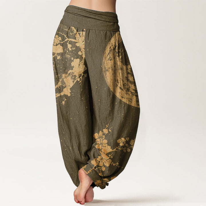 Pantalones Buddha Stones de algodón puro con estampado de flor de ciruelo dorado y luna llena para mujer, con cintura elástica