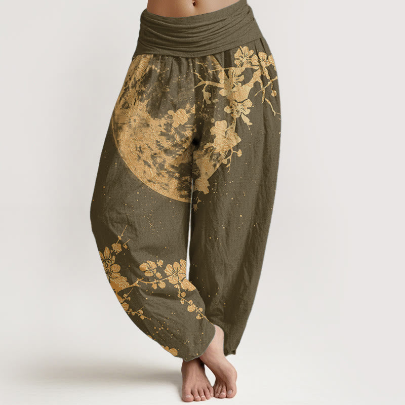 Pantalones Buddha Stones de algodón puro con estampado de flor de ciruelo dorado y luna llena para mujer, con cintura elástica