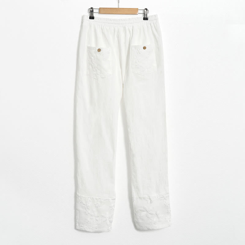 Pantalones de lino y algodón para mujer con diseño de patchwork de encaje blanco y Buddha Stones con bolsillos
