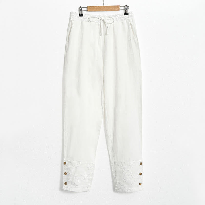 Pantalones de lino y algodón para mujer con diseño de patchwork de encaje blanco y Buddha Stones con bolsillos - image 5