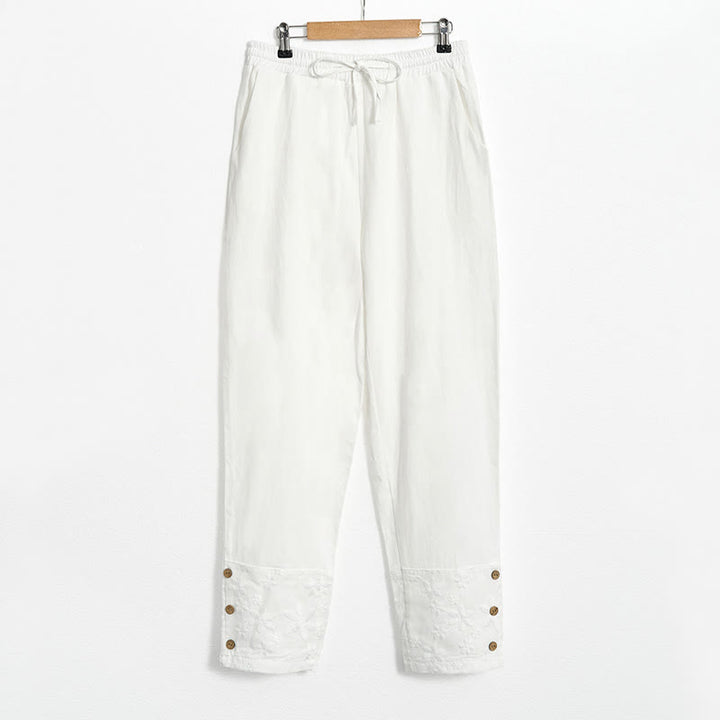 Pantalones de lino y algodón para mujer con diseño de patchwork de encaje blanco y Buddha Stones con bolsillos - image 5