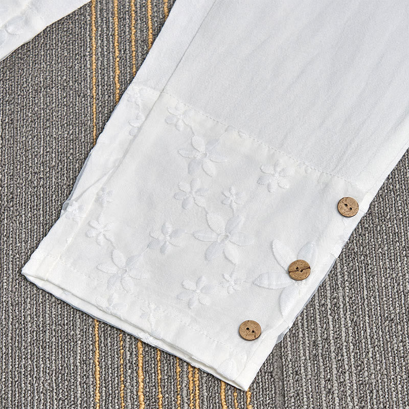 Pantalones de lino y algodón para mujer con diseño de patchwork de encaje blanco y Buddha Stones con bolsillos