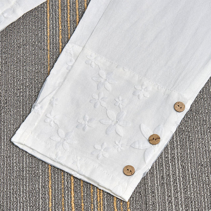 Pantalones de lino y algodón para mujer con diseño de patchwork de encaje blanco y Buddha Stones con bolsillos