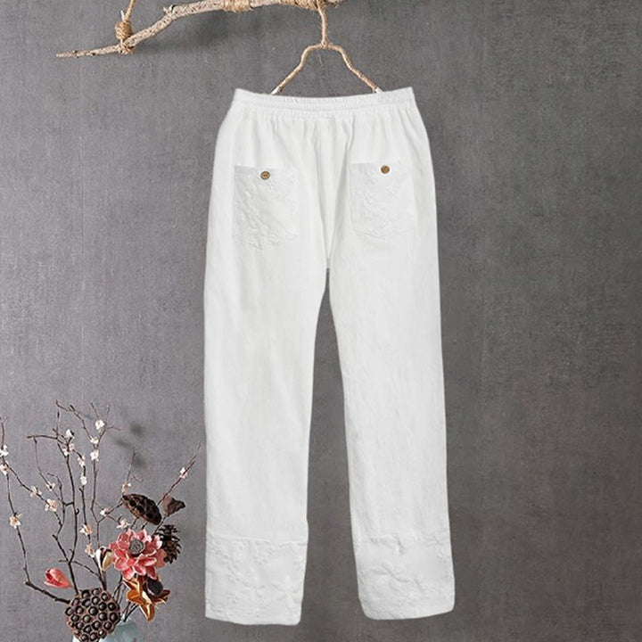 Pantalones de lino y algodón para mujer con diseño de patchwork de encaje blanco y Buddha Stones con bolsillos - image 1