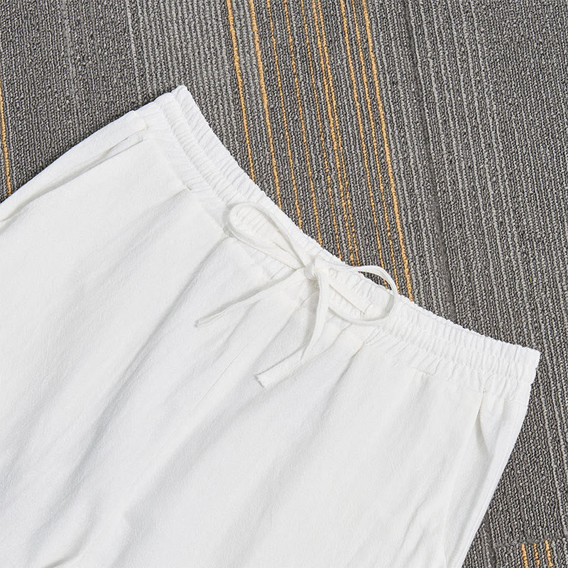 Pantalones de lino y algodón para mujer con diseño de patchwork de encaje blanco y Buddha Stones con bolsillos - image 2