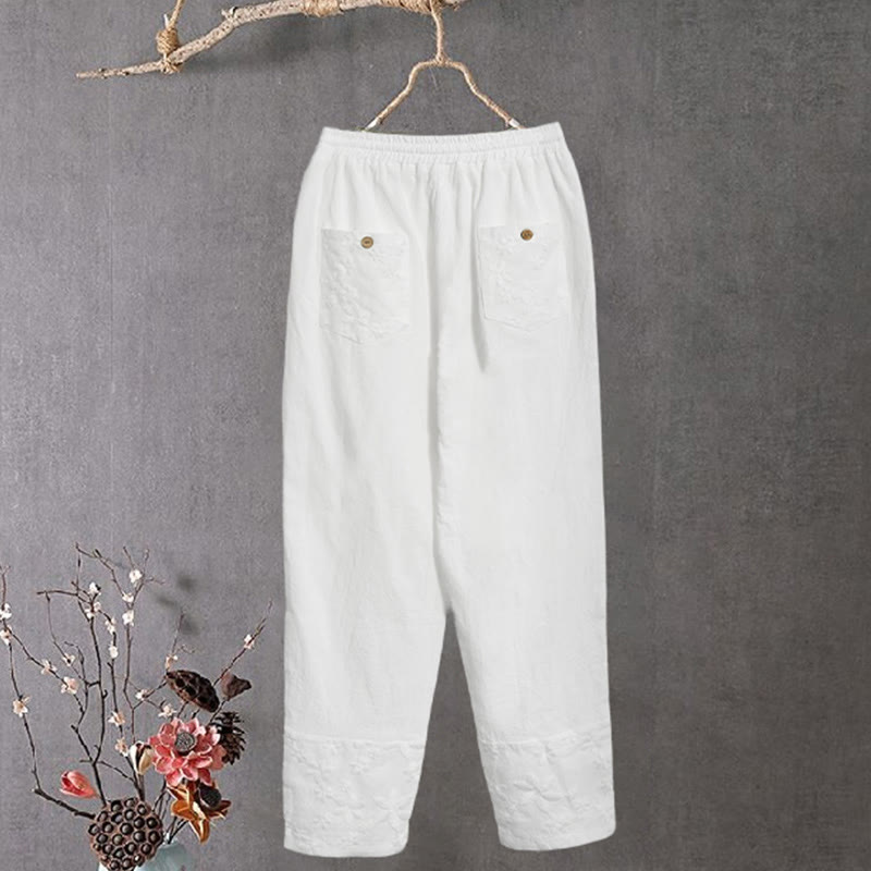 Pantalones de lino y algodón para mujer con diseño de patchwork de encaje blanco y Buddha Stones con bolsillos - image 4