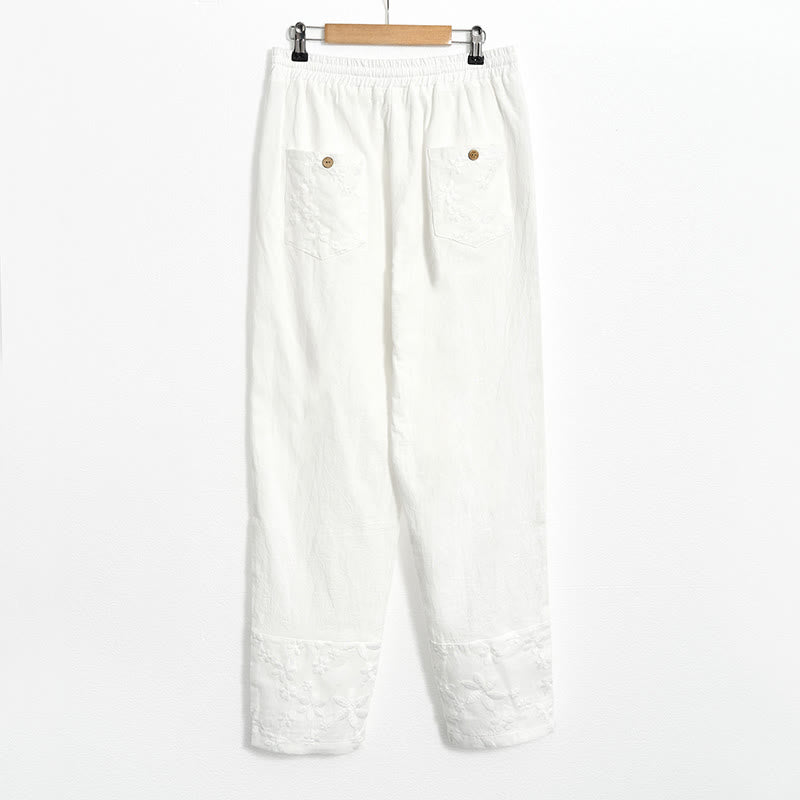 Pantalones de lino y algodón para mujer con diseño de patchwork de encaje blanco y Buddha Stones con bolsillos