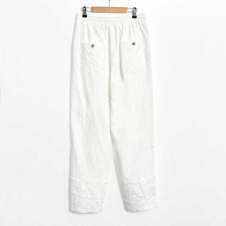 Pantalones de lino y algodón para mujer con diseño de patchwork de encaje blanco y Buddha Stones con bolsillos