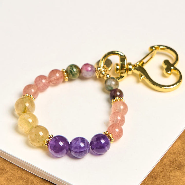 Llavero colgante con cuentas de cuarzo fresa, amatista y citrino de Buddha Stones naturales