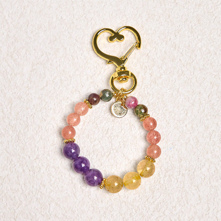Llavero colgante con cuentas de cuarzo fresa, amatista y citrino de Buddha Stones naturales