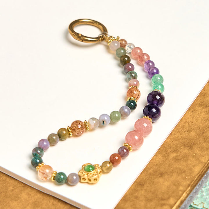 Llavero con Buddha Stones, turmalina natural, cuarzo fresa y amatista, adorno para colgar en el teléfono.