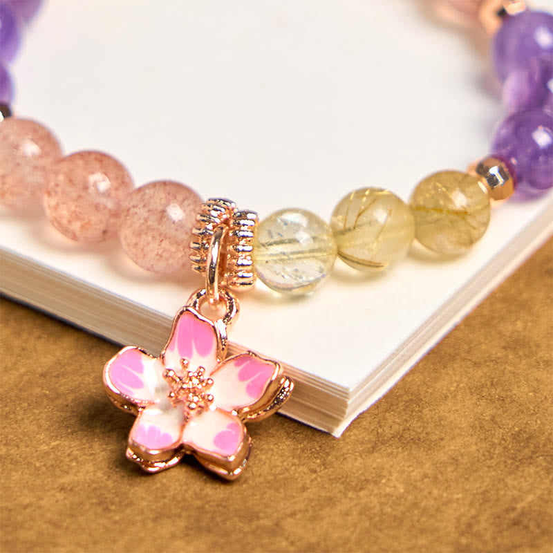 Llavero colgante con diseño de flor de amor, amatista, citrino y cuarzo fresa natural de Buddha Stones