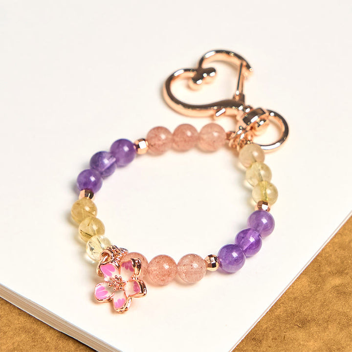 Llavero colgante con diseño de flor de amor, amatista, citrino y cuarzo fresa natural de Buddha Stones