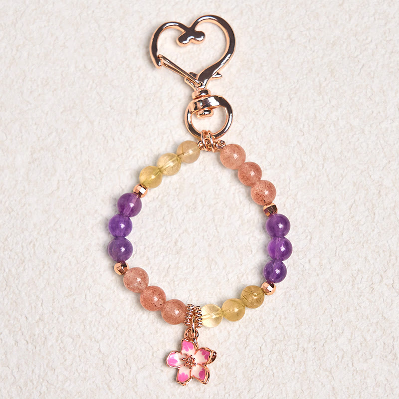 Llavero colgante con diseño de flor de amor, amatista, citrino y cuarzo fresa natural de Buddha Stones