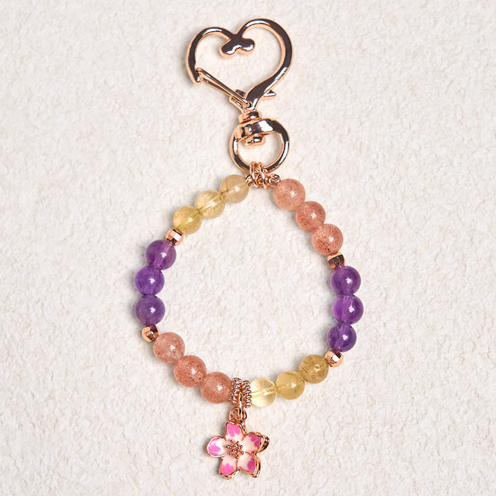 Llavero colgante con diseño de flor de amor, amatista, citrino y cuarzo fresa natural de Buddha Stones
