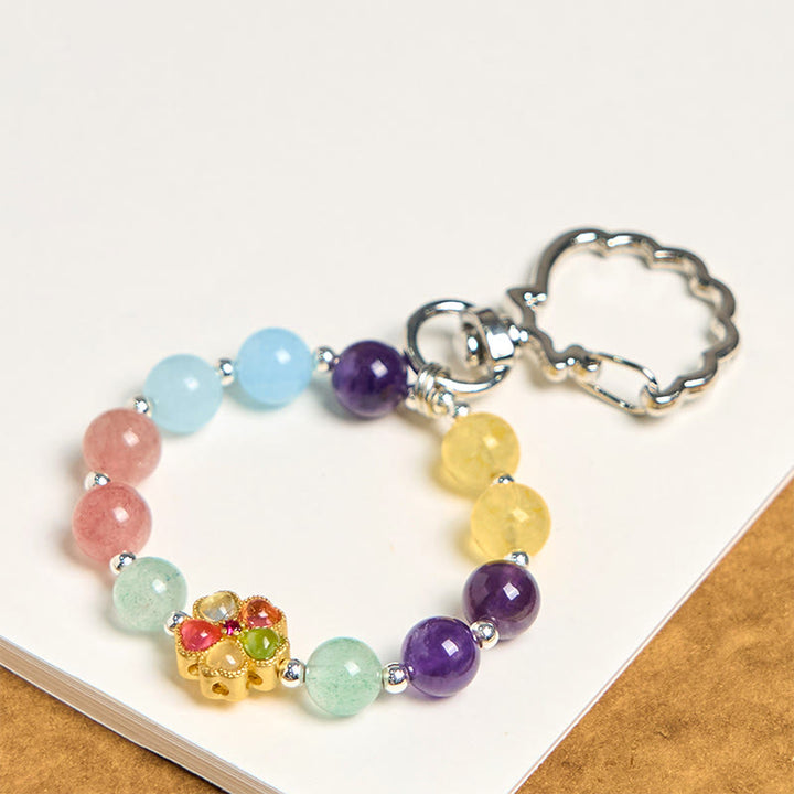 Llavero colgante con forma de flor de Buddha Stones, cuarzo fresa natural, amatista, citrino y aguamarina.