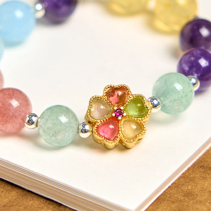 Llavero colgante con forma de flor de Buddha Stones, cuarzo fresa natural, amatista, citrino y aguamarina.