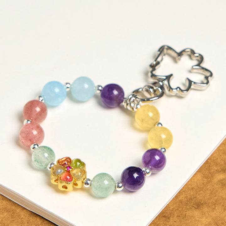 Llavero colgante con forma de flor de Buddha Stones, cuarzo fresa natural, amatista, citrino y aguamarina.