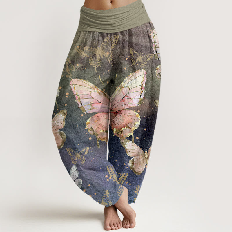 Pantalones harén con cintura elástica para mujer con estampado de mariposas vintage y Buddha Stones - Verde mar oscuro - US22，UK/AU26，EU54 (6XL) - image 1