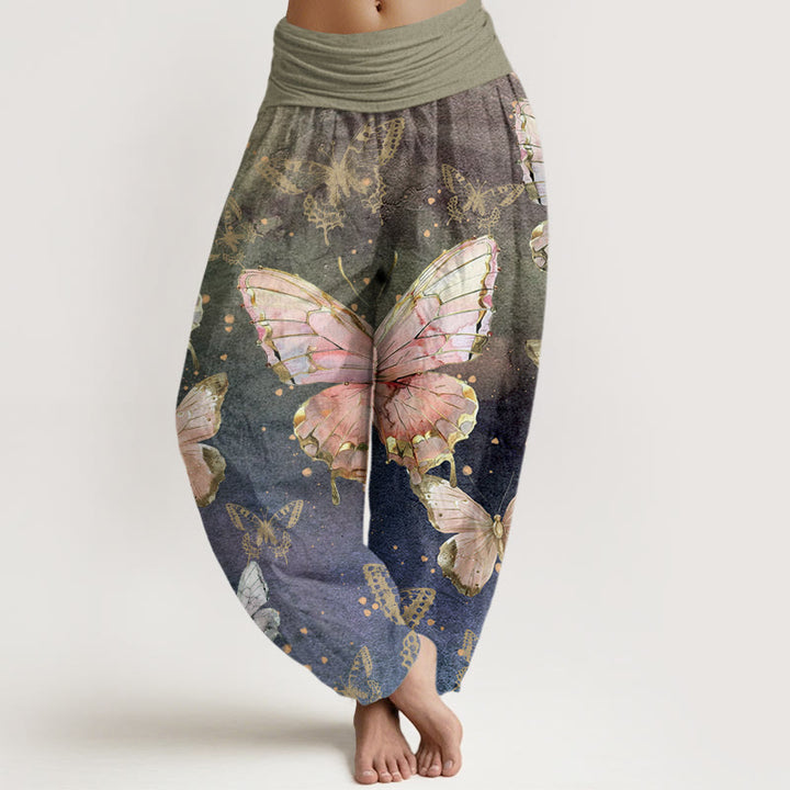 Pantalones harén con cintura elástica para mujer con estampado de mariposas vintage y Buddha Stones - Verde mar oscuro - US22，UK/AU26，EU54 (6XL) - image 1