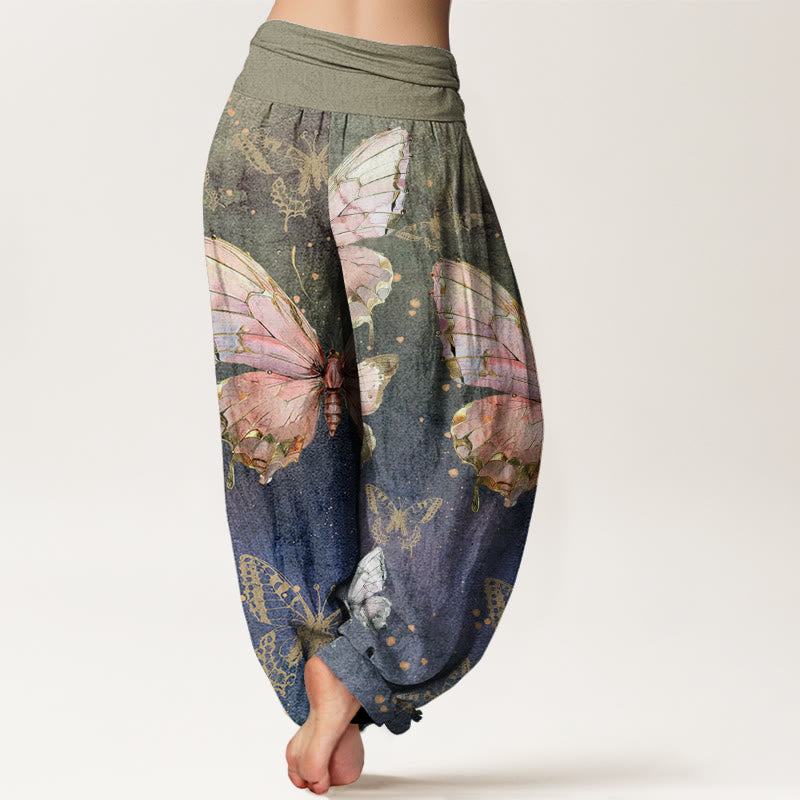 Pantalones harén con cintura elástica para mujer con estampado de mariposas vintage y Buddha Stones - image 2