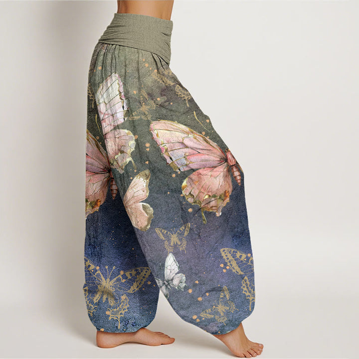 Pantalones harén con cintura elástica para mujer con estampado de mariposas vintage y Buddha Stones - image 3