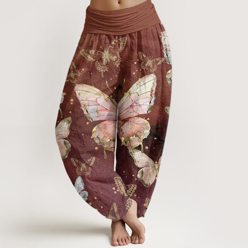 Pantalones harén con cintura elástica para mujer con estampado de mariposas vintage y Buddha Stones - Marrón - US22，UK/AU26，EU54 (6XL) - image 5