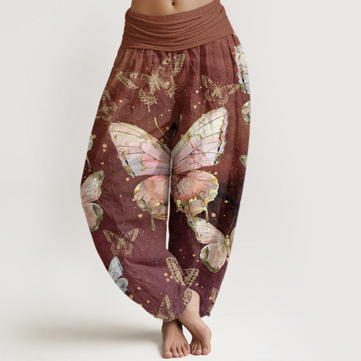 Pantalones harén con cintura elástica para mujer con estampado de mariposas vintage y Buddha Stones - Marrón - US22，UK/AU26，EU54 (6XL) - image 5