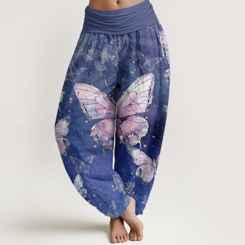 Pantalones harén con cintura elástica para mujer con estampado de mariposas vintage y Buddha Stones - Azul pizarra - US22，UK/AU26，EU54 (6XL) - image 8