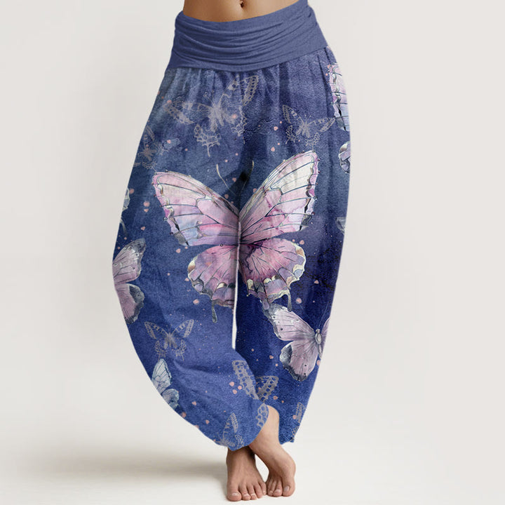 Pantalones harén con cintura elástica para mujer con estampado de mariposas vintage y Buddha Stones - Azul pizarra - US22，UK/AU26，EU54 (6XL) - image 8