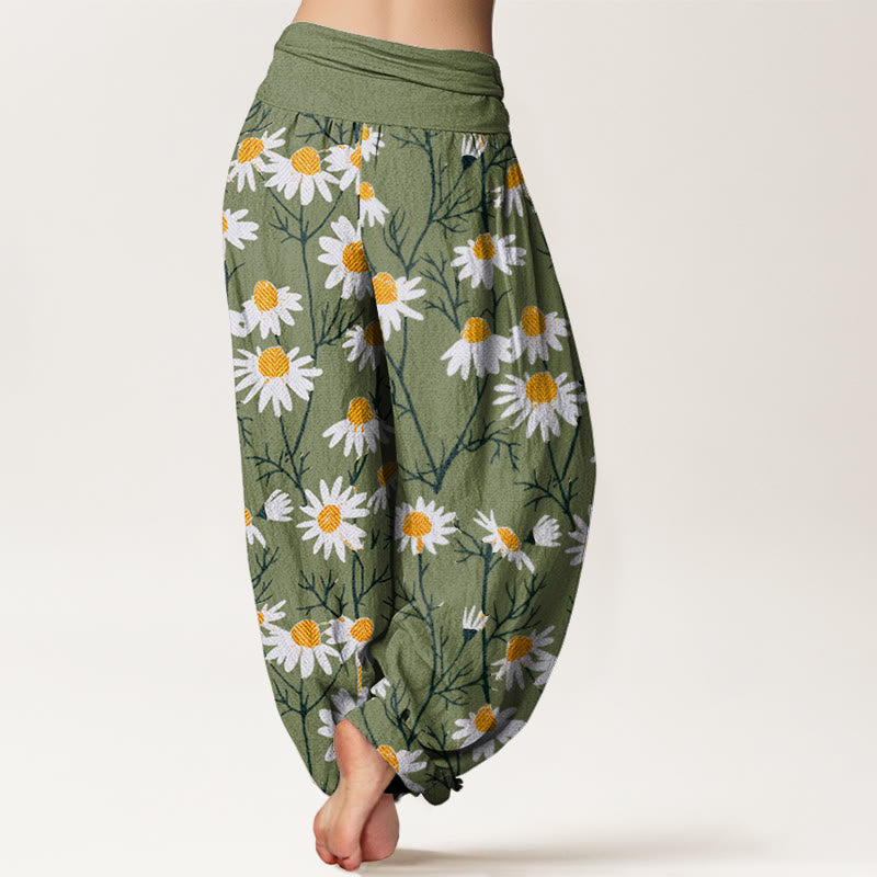 Pantalones bombachos de cintura elástica para mujer con estampado de margaritas y pétalos blancos de algodón con Buddha Stones - image 1