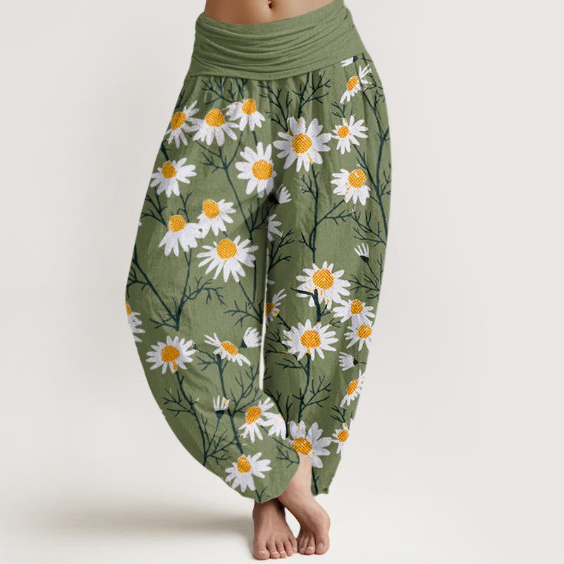 Pantalones harén con cintura elástica para mujer, con estampado de margaritas y pétalos blancos de Buddha Stones - Verde lima - US22，UK/AU26，EU54 (6XL) - image 0