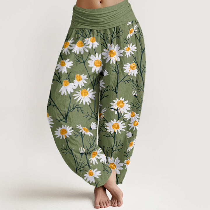 Pantalones harén con cintura elástica para mujer, con estampado de margaritas y pétalos blancos de Buddha Stones - Verde lima - US22，UK/AU26，EU54 (6XL) - image 0