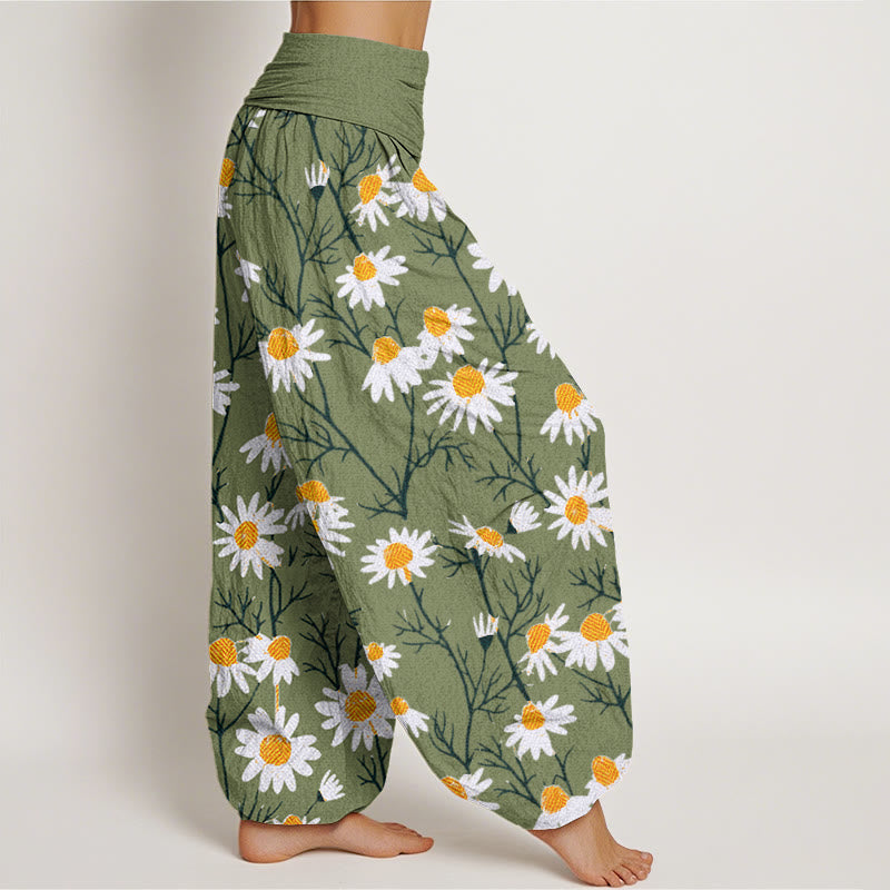 Pantalones harén con cintura elástica para mujer, con estampado de margaritas y pétalos blancos de Buddha Stones - image 3