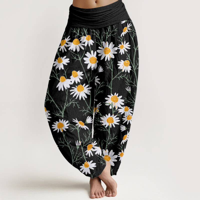 Pantalones bombachos de cintura elástica para mujer con estampado de margaritas y pétalos blancos de algodón con Buddha Stones - Negro - US22，UK/AU26，EU54 (6XL) - image 4