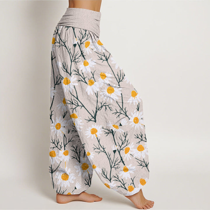 Pantalones harén con cintura elástica para mujer, con estampado de margaritas y pétalos blancos de Buddha Stones - image 9