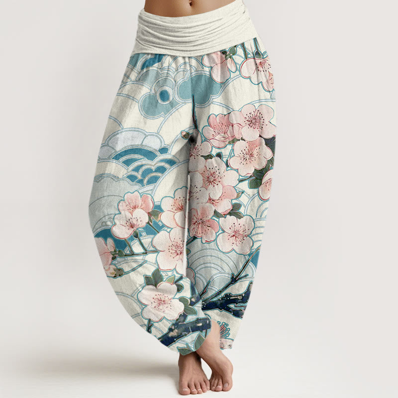 Pantalones harén con cintura elástica para mujer con estampado de ondas de cerezo y piedras de Buddha Stones - Azul real - US22，UK/AU26，EU54 (6XL) - image 1