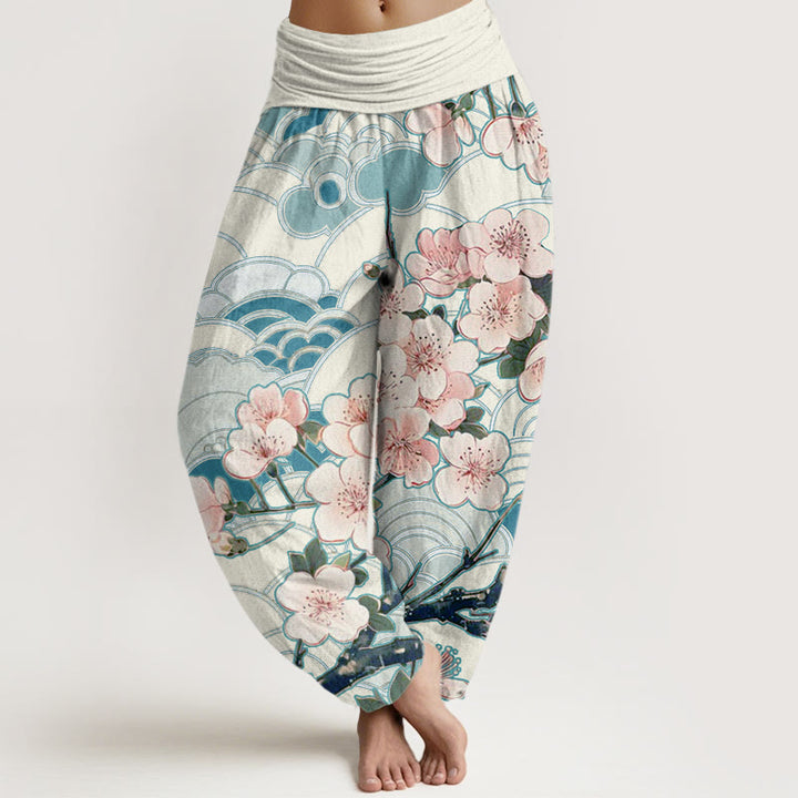 Pantalones harén con cintura elástica para mujer con estampado de ondas de cerezo y piedras de Buddha Stones - Azul real - US22，UK/AU26，EU54 (6XL) - image 1