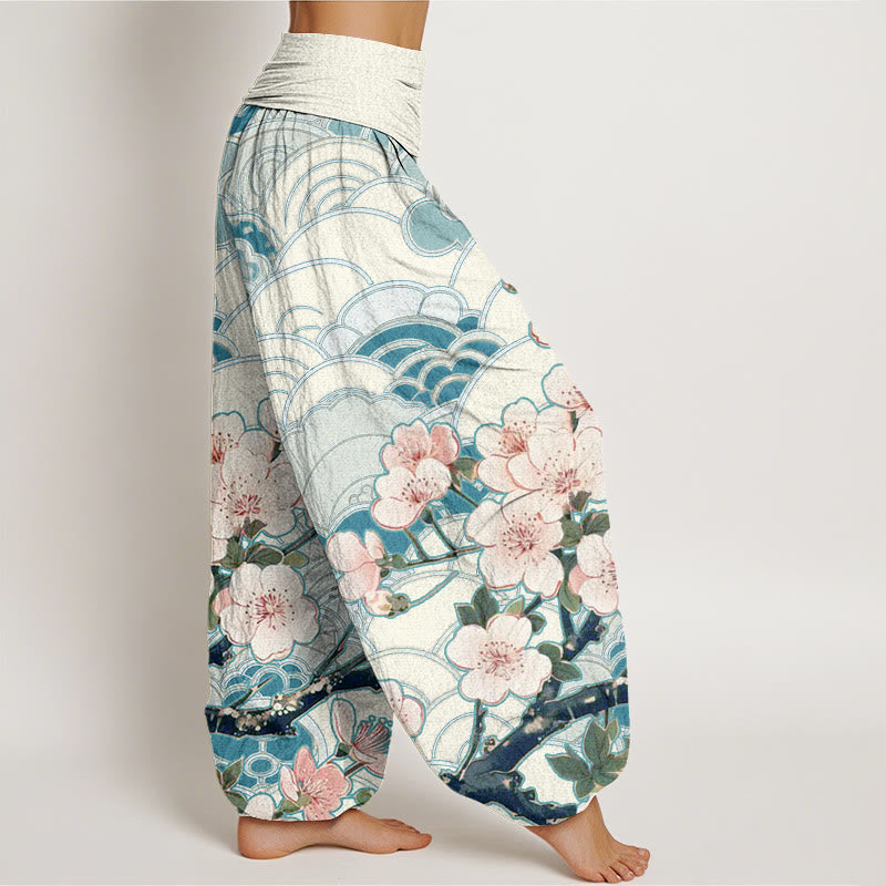 Pantalones harén con cintura elástica para mujer con estampado de ondas de cerezo y piedras de Buddha Stones - image 3
