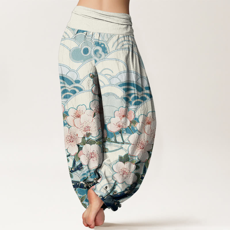 Pantalones harén con cintura elástica para mujer con estampado de ondas de cerezo y piedras de Buddha Stones - image 2