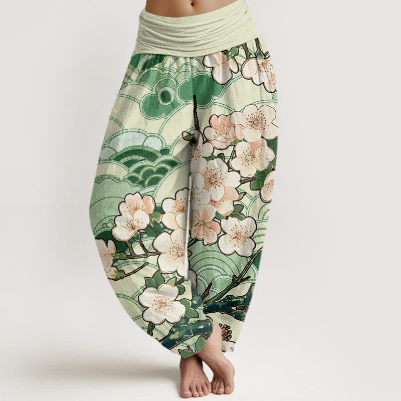 Pantalones harén con cintura elástica para mujer con estampado de ondas de cerezo y piedras de Buddha Stones - Verde bosque - US22，UK/AU26，EU54 (6XL) - image 5