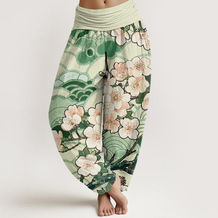 Pantalones harén con cintura elástica para mujer con estampado de ondas de cerezo y piedras de Buddha Stones - Verde bosque - US22，UK/AU26，EU54 (6XL) - image 5