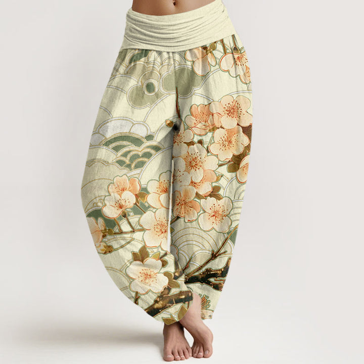 Pantalones harén con cintura elástica para mujer con estampado de ondas de cerezo y piedras de Buddha Stones - Verde oliva - US22，UK/AU26，EU54 (6XL) - image 8