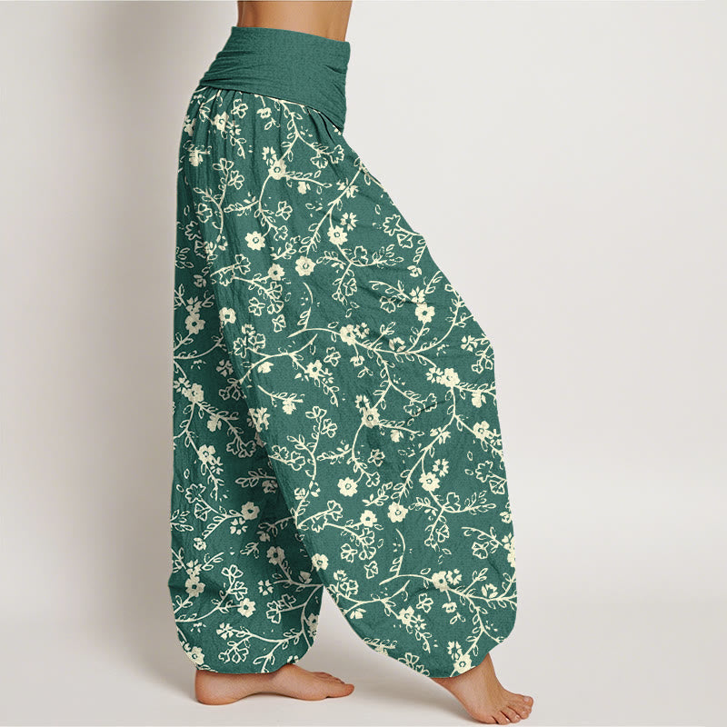 Pantalones harén de cintura elástica para mujer, diseño sencillo con diseño de ramas de flores y piedras de Buddha Stones - image 3