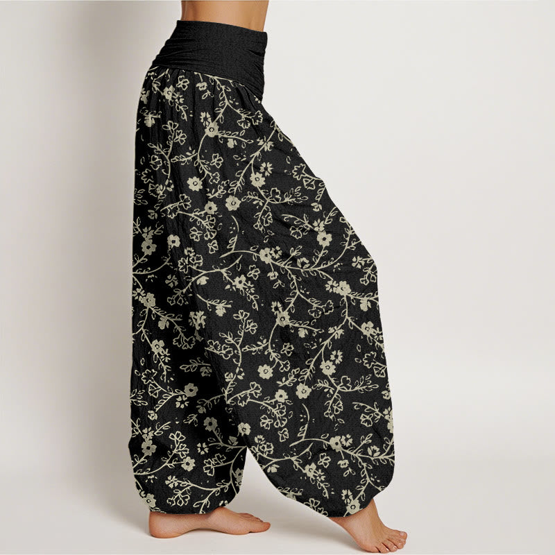 Pantalones harén de cintura elástica para mujer, diseño sencillo con diseño de ramas de flores y piedras de Buddha Stones - image 7
