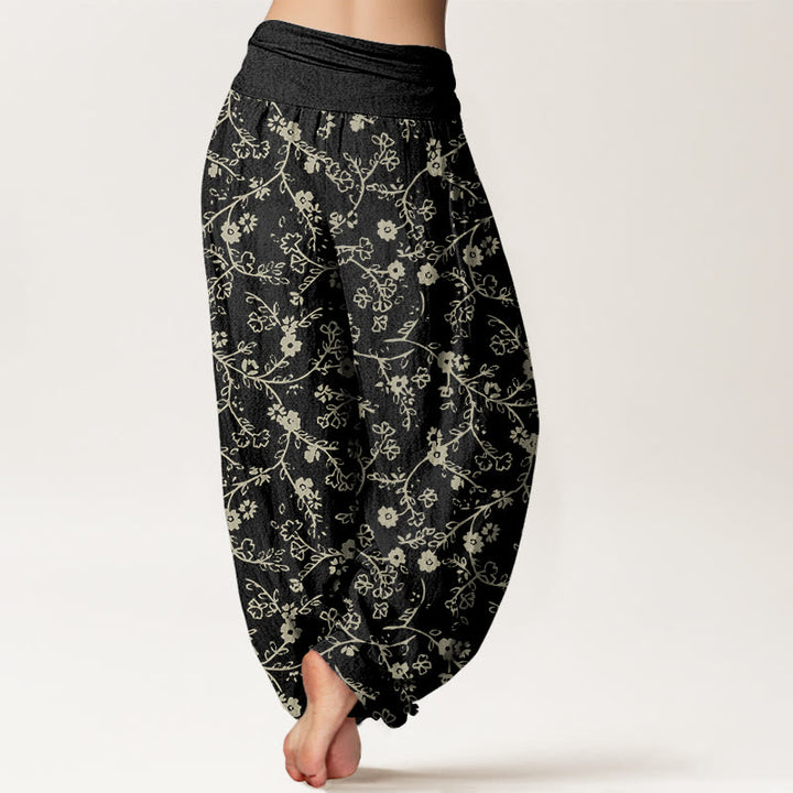 Pantalones harén de cintura elástica para mujer, diseño sencillo con diseño de ramas de flores y piedras de Buddha Stones - image 6