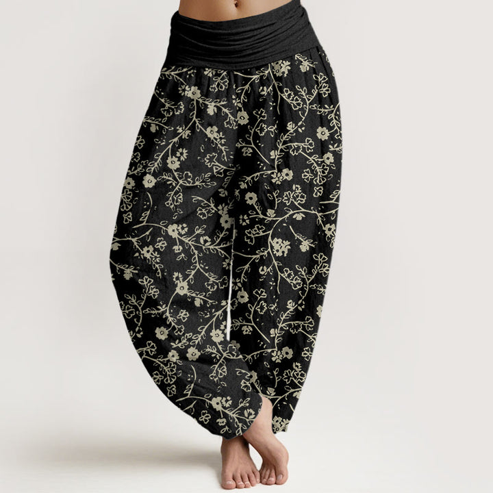 Pantalones harén de cintura elástica para mujer, diseño sencillo con diseño de ramas de flores y piedras de Buddha Stones - Negro - US22，UK/AU26，EU54 (6XL) - image 5