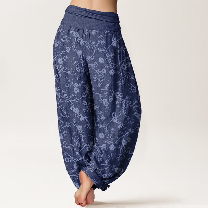 Pantalones harén de cintura elástica para mujer, diseño sencillo con diseño de ramas de flores y piedras de Buddha Stones - image 9