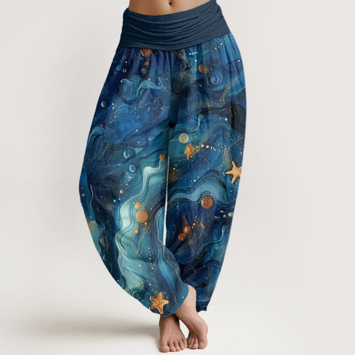 Pantalones harén con cintura elástica para mujer con estampado de estrellas doradas y oceánicas de Buddha Stones - Azul oscuro - US22，UK/AU26，EU54 (6XL) - image 0